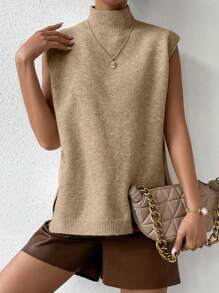 SHEIN Essnce Mock Neck Slit Hem Sweater Vest - Khaki - View 4