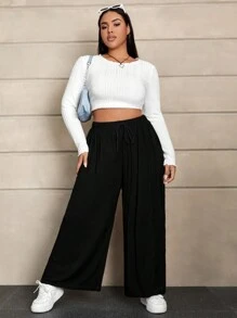 SHEIN EZwear Plus Drawstring Waist Wide Leg Pants - Black - View 6