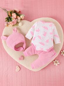 SHEIN Baby Girl Rabbit Print Bodysuit & Pants & Hat - Multicolor - View 2