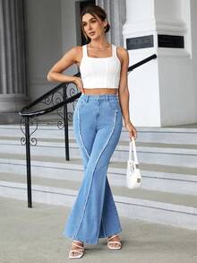 SHEIN Essnce Raw Trim Flare Leg Jeans - Light Wash - View 4