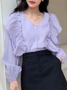DAZY 純色荷葉邊鈕扣襯衫 - 紫色 - 查看 4