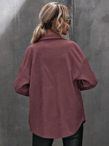 SHEIN LUNE 落肩袖口袋貼布前紐扣燈芯絨襯衫 - 中紫紅色 - 查看 2