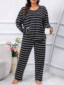 Plus Striped Print PJ Set / Pajama Set Cozy And Elegant Details, Fall Winter Clothes Outfit - Black and White - View 2
