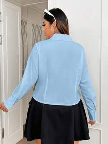 SHEIN EZwear 大碼前收褶弧形下擺襯衫 - 藍色 - 查看 2