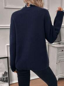 SHEIN Clasi Pearls Beaded Mock Neck Drop Shoulder Sweater - Navy Blue - View 2