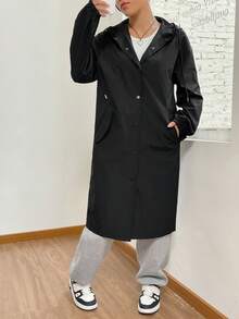 SHEIN EZwear Drop Shoulder Drawstring Hooded Button Front Drawstring Hooded Longline Coat - Black - View 4