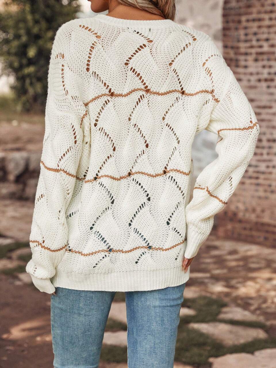 1pc Pointelle Knit Drop Shoulder Sweater