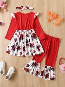 SHEIN Young Girl Floral Print Ruffle Trim Bow Front Dress & Flare Leg Pants & Headband