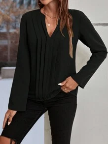 SHEIN Clasi 缺口領捲邊袖按折痕細節襯衫 - 黑色 - 查看 3