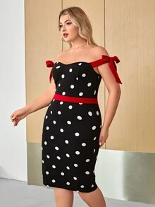 SHEIN Privé Plus Polka Dot Print Off Shoulder Dress - Black and White - View 6