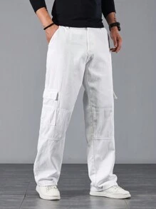 Manfinity Homme Loose Fit Men's Jeans With Flap Side Cargo Pockets, Men White Cargo Pants, Men Straight Leg Cargo Pants, Men Casual Cargo Pants - Beige - View 3