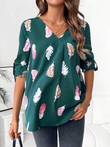 SHEIN Maternity Feather Print V Neck Blouse - Army Green - View 3