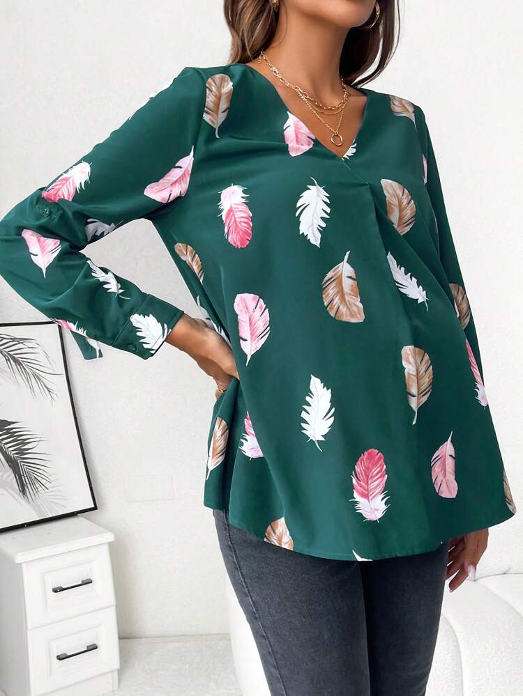 Maternity Feather Print V Neck Blouse