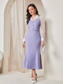 Modelyn 拼接網紗袖襯衫和魚尾短裙