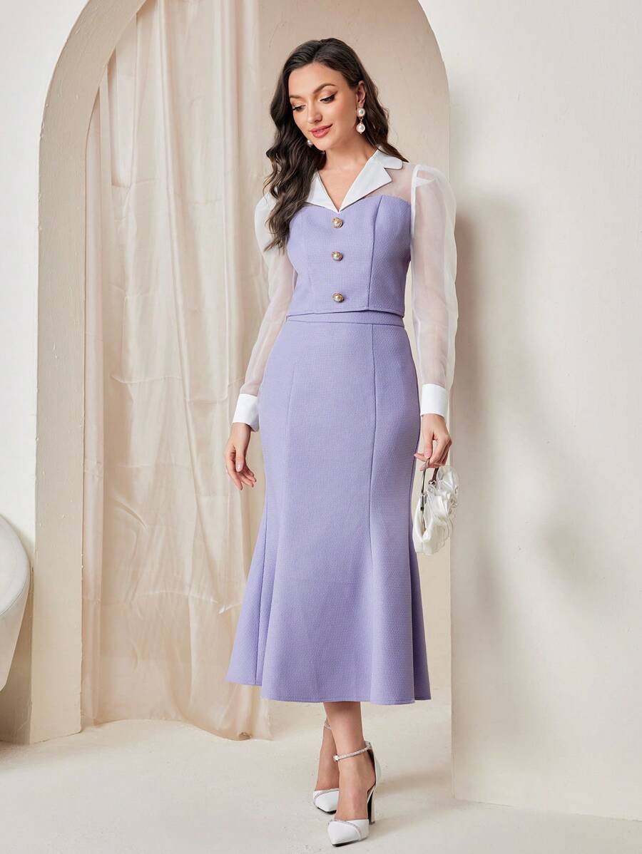 Modelyn 拼接網紗袖襯衫和魚尾短裙