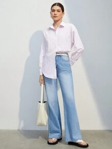 BizChic Striped Print Drop Shoulder Shirt - Pink - View 7