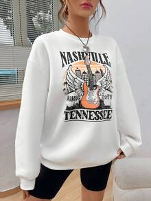 SHEIN Unity 吉他與字母圖案落肩套頭衫 - 白色 - 查看 3