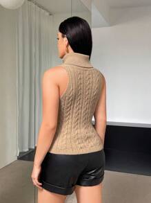 SHEIN Essnce Plus Button Front Cable Knit Top - Camel - View 2