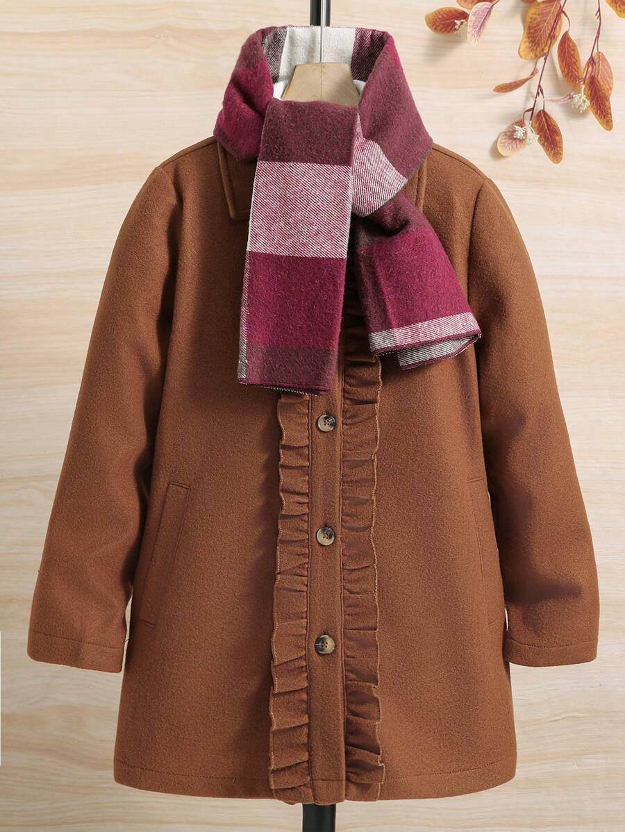 SHEIN Cô gái Tween 1 Miếng Chất rắn Nút phía trước Áo khoác - màu nâu - Xem 1