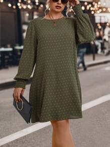 SHEIN LUNE Plus Swiss Dot Lantern Sleeve Tunic Dress - Army Green - View 1