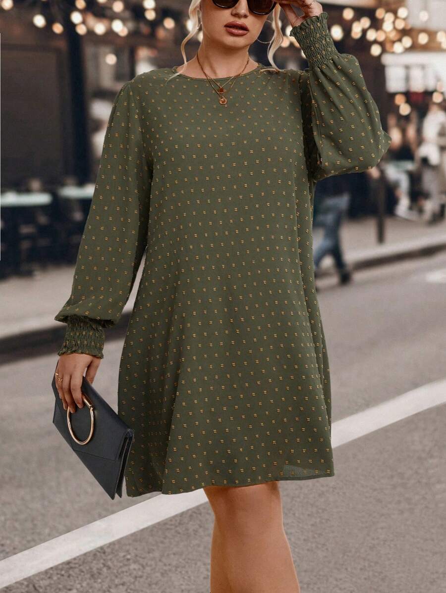 SHEIN LUNE Plus Swiss Dot Lantern Sleeve Tunic Dress - Army Green - View 1