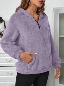 SHEIN LUNE 半拉鍊袋鼠口袋落肩泰迪連帽衫 - 淺灰紫 - 查看 4