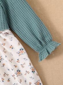 SHEIN 女嬰碎花荷葉邊喇叭袖假兩件洋裝附包 - 彩色 - 查看 7