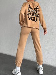 EURMUSE Bộ 2 món áo hoodie và quần nỉ in chữ thường ngày dành cho nữ, mùa thu - Cà phê nâu - Xem 2