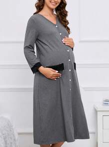 SHEIN Maternity Button Front Ribbed Knit Sleep Dress For Mother, Pajama Dress - Dark Grey - View 4