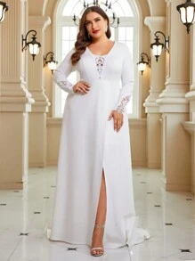 SHEIN Belle Plus Guipure Lace Insert Split Thigh Wedding Dress - White - View 3