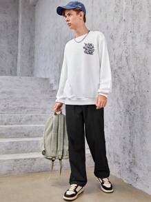 SHEIN 青少年男孩字母圖案斜口袋長褲 - 黑色 - 查看 5