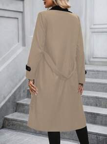 EMERY ROSE Contrast Panel Lapel Collar Belted Trench Coat - Khaki - View 2