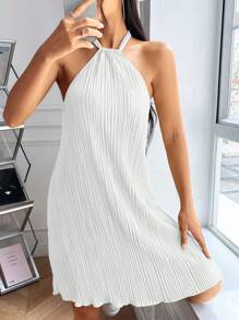 Muchica 优雅纯色褶皱露背吊带A字连衣裙，夏季 - 白色 - 查看 4