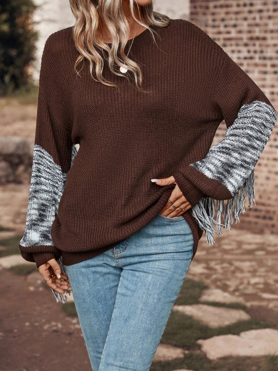 SHEIN LUNE Space Dye Fringe Trim Drop Shoulder Sweater - Multicolor - View 1