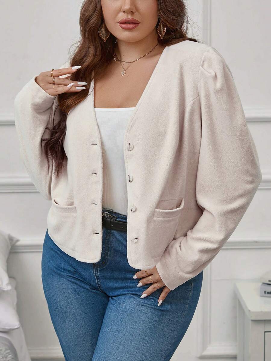 SHEIN Clasi Plus Puff Sleeve Button Front Jacket - White - View 1