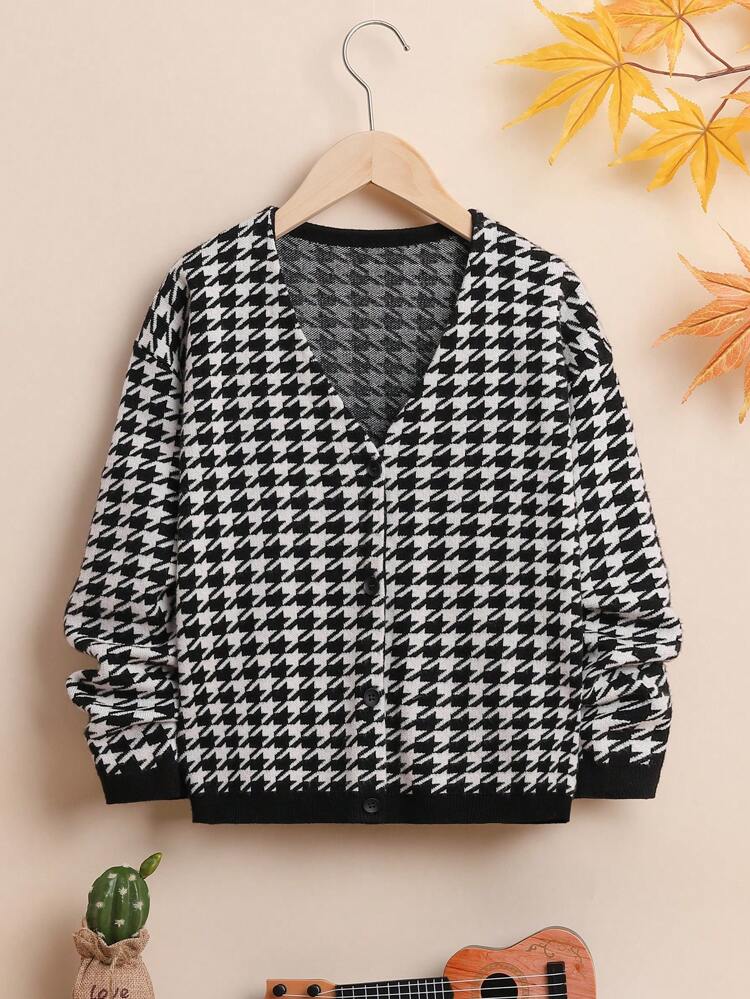 Tween Girl Houndstooth Pattern Cardigan