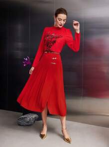 MOTF PREMIUM PLEATED FROG BUTTON SKIRT - Red - View 6