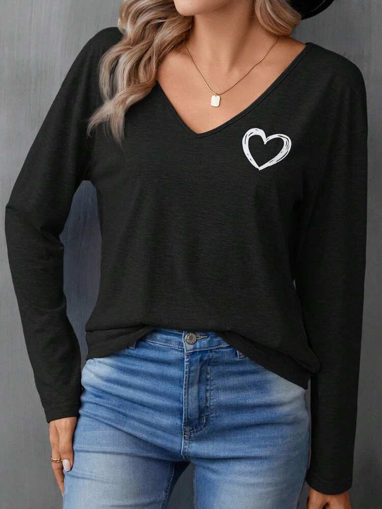 ハート柄ドロップショルダーTシャツ、カジュアル