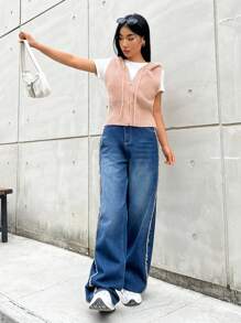 SHEIN EZwear 拉鍊連帽毛衣背心（無T恤） - 藕粉色 - 查看 4