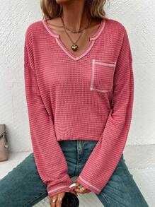 SHEIN LUNE Notched Neckline Drop Shoulder Pocket Patched Waffle Knit Tee - Dusty Pink - View 4