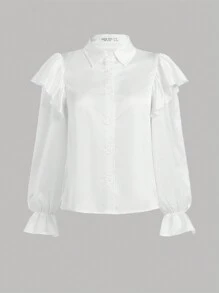 少女荷葉邊喇叭袖襯衫 - 白色 - 查看 1
