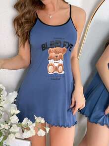 Bear & Slogan Graphic Lettuce Trim Cami Nightdress - Dusty Blue - View 3