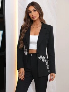 SHEIN BIZwear 刺繡花卉單扣西裝外套 - 黑色 - 查看 5