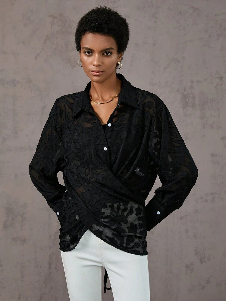 Jacquard Wrap Cross Drop Shoulder Shirt Fall Cloth For Women