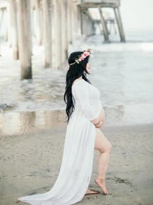 Maternity Off Shoulder Split Thigh Dress With Long Sleeve For Maternity Photoshoot - White - View 4