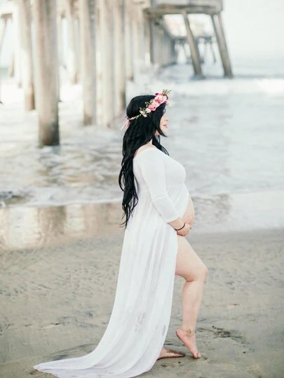Maternity Off Shoulder Split Thigh Dress With Long Sleeve For Maternity Photoshoot Spring White