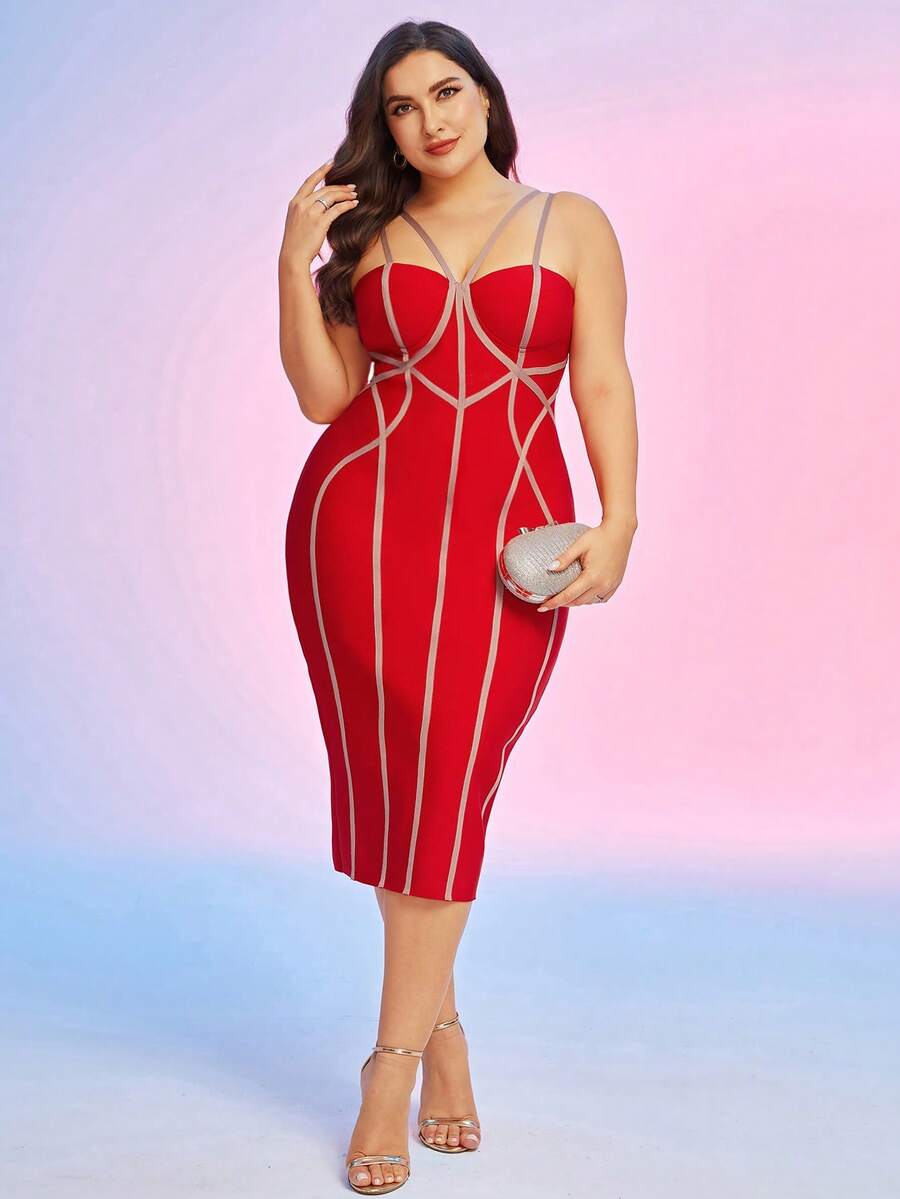 ADYCE Cộng với váy bodycon có độ tương phản - Đỏ - Xem 1