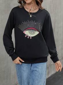 SHEIN Unity Rhinestone Eye Pattern Round Neck Sweatshirt Pullover Fall Sweatshirt - Black - View 1