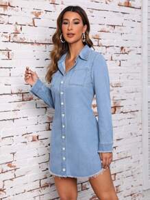 Raw Hem Button Front Denim Dress - Light Wash - View 3