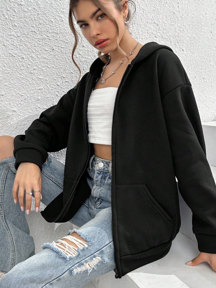 INAWLY Solva 纯色拉链落肩连帽衫，长袖上衣